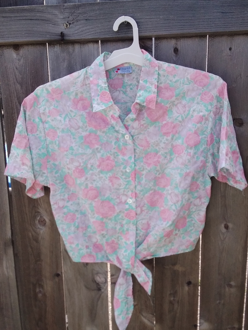 Vintage David Peet Top Blouse Crop Floral Tie-Front Button Shirt - Pink & Mint